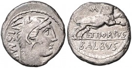 Römische Münzen. 
Republik. 
L. Thorius Balbus, 105 vdZ. Denar, 3,39 g, Kopf der Juno Sospita mit Ziegenfell n. re./Stier n. re. springend, oben Kon...