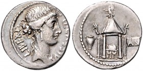 Römische Münzen. 
Republik. 
Q. Cassius Longinus, 55 vdZ. Denar, 3,66 g, Vestabüste re./Rundtempel der Vesta. Albert&nbsp;1354. . 

ss