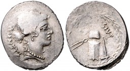 Römische Münzen. 
Republik. 
T. Carisius, 46 vdZ. Denar, 3,63 g, Büste der Juno Moneta re./Münzwerkzeuge im Kranz. Albert&nbsp;1435, Sear&nbsp;447. ...