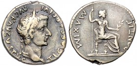 Römische Münzen. 
Kaiserzeit. 
Tiberius 14-37. Denar, 3,43 g, belorb. Kopf re./Livia als Pax n. re. thronend. Kamp.&nbsp;5.4. . 

ss