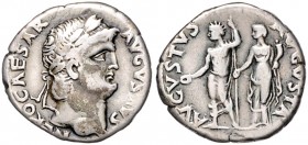 Römische Münzen. 
Kaiserzeit. 
Nero 54-68. Denar, 3,32 g, belorb. Kopf re./Kaiser Augustus u. Livia (?) n. l. stehend. Kamp.&nbsp;14.14, RIC&nbsp;44...