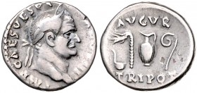 Römische Münzen. 
Kaiserzeit. 
Vespasian 69-79. Denar, 3,07 g, belorb. Kopf re./Priestergeräte. Kamp.&nbsp;20.26. . 

knapper Schrötling, ss