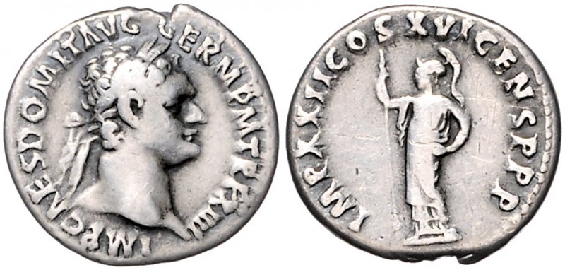 Römische Münzen. 
Kaiserzeit. 
Domitian 69-96. Denar, 3,14 g, belorb. Bü. re./...