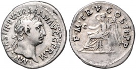 Römische Münzen. 
Kaiserzeit. 
Trajan 98-117. Denar, Rom, 2,98 g, belorb. Bü. re./Viktoria n. li. thronend. Kamp.&nbsp;27.45.6, RIC&nbsp;10. . 

s...
