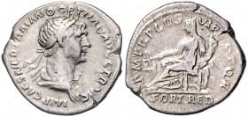 Römische Münzen. 
Kaiserzeit. 
Trajan 98-117. Denar, Rom, 2,63 g, belorb. u. drap. Bü. re./Fortuna mit Ruder u. Füllhorn n. li. thronend, darunter F...