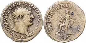 Römische Münzen. 
Kaiserzeit. 
Trajan 98-117. Dupondius, Rom, 10,65 g, belorb. Bü. re./Abundantia mit Zepter n. li. auf Thron aus zwei Füllhörnern s...