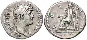 Römische Münzen. 
Kaiserzeit. 
Hadrian 117-138. Denar, Rom, 3,34 g, belorb. Bü. re./Concordia mit Patera n. li. sitzend, den li. Arm auf eine Statue...