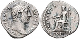 Römische Münzen. 
Kaiserzeit. 
Hadrian 117-138. Denar, Rom, 3,17 g, barhäuptige Bü. re./Justitia mit Patera u. Zepter n. li. sitzend, darunter COS I...
