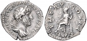 Römische Münzen. 
Kaiserzeit. 
Hadrian 117-138. Denar, Rom, 2,86 g, belorb. u. drap. Bü. re./Libertas n. li. sitzend, darunter LIB PVB. Kamp.&nbsp;3...
