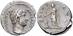 Römische Münzen. 
Kaiserzeit. 
Hadrian 117-138. Denar, Rom, 3,15 g, barhäuptige Bü. re./Salus mit Zepter n. li. vor Altar stehend u. von Patera opfe...