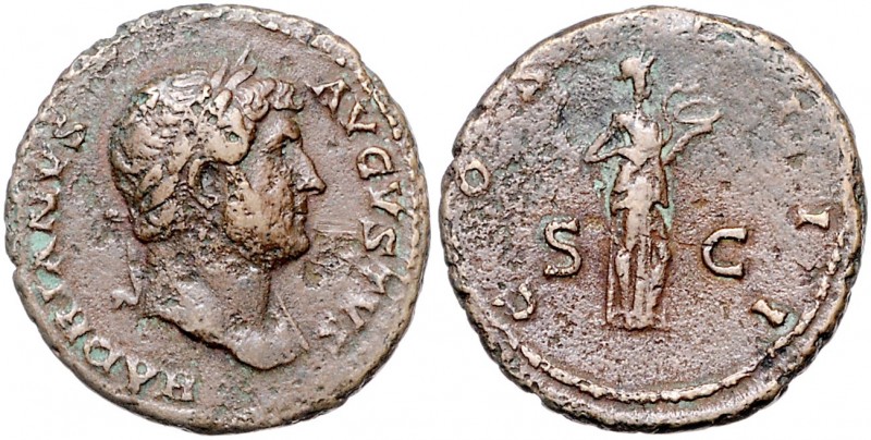 Römische Münzen. 
Kaiserzeit. 
Hadrian 117-138. As, Rom, 10,71 g, belorb. Bü. ...