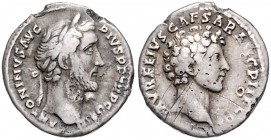 Römische Münzen. 
Kaiserzeit. 
Antoninus Pius 138-161. Denar, 2,61 g, belorb. Bü. re./barhäuptiger Kopf des Caesars Marc Aurel re. Kamp.&nbsp;35.64,...
