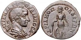 Römische Münzen. 
Kolonien und Provinzen. 
Thrakia/Hadrianopolis, Gordian III., 238-244. AE 26, 9,63 g, belorb., drap. Panzerbüste re./Nemesis n. li...