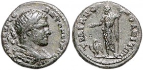 Römische Münzen. 
Kolonien und Provinzen. 
Thrakia/Traianopolis, Caracalla, 197-217. AE 21, 6,09 g, belorb., drap. u. gepanz. Bü. re./Zeus n. li. st...