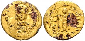 Byzantinische Münzen. 
Justinus I., 518-527. zeitgenössische Fälschung eines Solidus, Kupfer mit Goldüberzug, 3,43 g, vgl. Sommer 2.1. . 

Vergoldu...