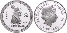 Australien. 
Elisabeth II. seit 1952. 1 Dollar 1999 P, Silber, 1 Oz 999 fein, Lunar-Serie, Jahr des Hasen\b0. Schön&nbsp;439, KM&nbsp;502. in Kapsel....