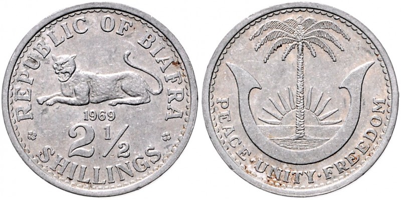 Biafra (Ostnigeria). 
Republik 1967-1970. 2 1/2 Shillings 1969, Aluminium. Schö...