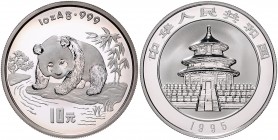 China-Volksrepublik. 
10 Yuan 1995, Silber, Panda beim Beobachten eines Flusslaufes. Schön&nbsp;778, KM&nbsp;723. in Kapsel. 

PP