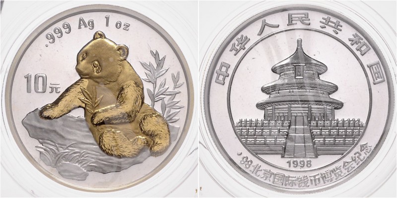 China-Volksrepublik. 
10 Yuan 1998 Silber, Panda auf Felsen mit Zweigen (Motivt...