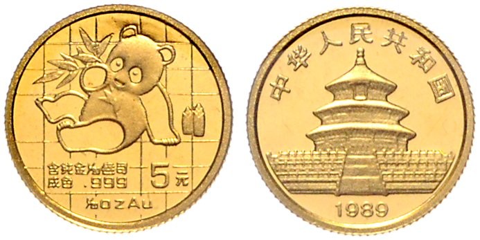 China-Volksrepublik. 
5 Yuan 1989 (kleine Jahreszahl), GOLD (1/20 Oz), Panda mi...