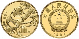 China-Volksrepublik. 
100 Yuan 1994, GOLD (8,0 g 916,67 fein), Bedrohte Tierwelt, Panda. Schön&nbsp;579, KM&nbsp;566, Fb.&nbsp;112. Auflage: max. 5.0...