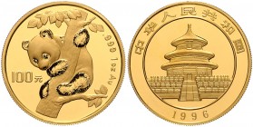 China-Volksrepublik. 
100 Yuan 1996 (große Jahreszahl), GOLD (1 Oz fein), Panda, von Baum herabblickend. Schön&nbsp;877.2, KM&nbsp;887. Auflage: 22.0...