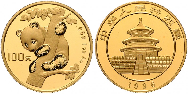 China-Volksrepublik. 
100 Yuan 1996 (große Jahreszahl), GOLD (1 Oz fein), Panda...