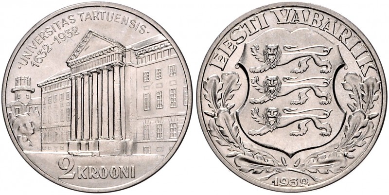 Estland. 
Republik 1918-1940. 2 Krooni 1932, Silber, Universität Tartu\b0. KM&n...