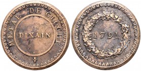 Frankreich. 
Konstitution 1791-1792. PROBE, Dixain de Rochon 1791, Lyon, Glockenbronze, 33,6 mm, 22,45 g, Hennin 336, Mazard 202. . 

ss