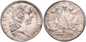 Frankreich-Jetons. 
Ludwig XV. (1715-171774). Silberjeton 1743, von J. C. Roettiers, auf die Versicherungskasse von Rouen, Brb. des Königs re./Gewitt...