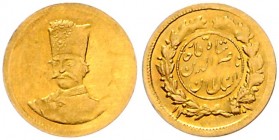 Iran. 
Nasir al-Din Shah (AH 1264-1313) 1848-1896. 2000 Dinars = 1/5 Toman AH 1301 (1883/84), GOLD, 0,55 g, Brb. halbli./Schrift im Kreis, von Kranz ...