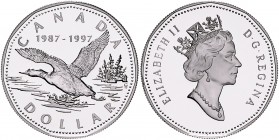 Kanada. 
1 Dollar 1997, Silber, 10 Jahre Dollarmünzen mit dem Eistaucher\b0. Schön&nbsp;287, KM&nbsp;296. im OE mit Zert. und Karton (OE mit Lagerspu...