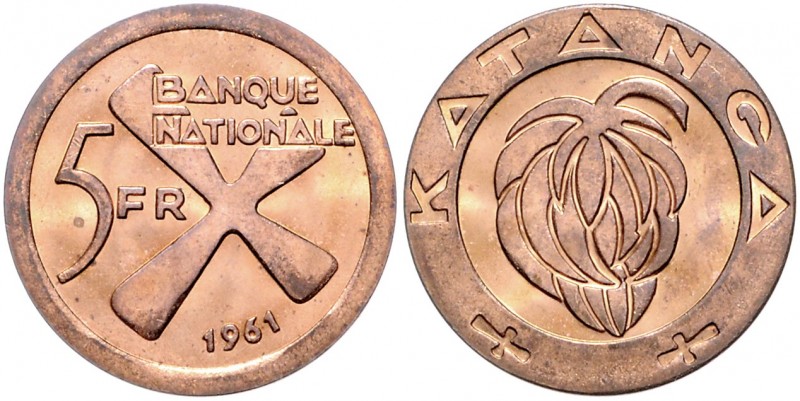 Katanga. 
1 u. 5 Francs 1961, Bronze, Separatistenprägungen. Schön&nbsp;1&nbsp;...