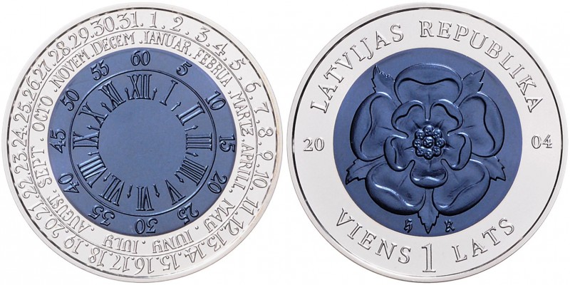 Lettland. 
Republik seit 1991. 1 Lats 2004, Silber/Niob, "Coin of Time"\b0. Par...