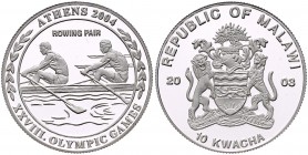 Malawi. 
10 Kwacha 2003, Silber (20 g 999 f.), Olymp. Spiele Athen 2004, Ruder-Zweier. Schön&nbsp;57, KM&nbsp;42. Aufl. max. 500 Ex., orig.-verkapsel...