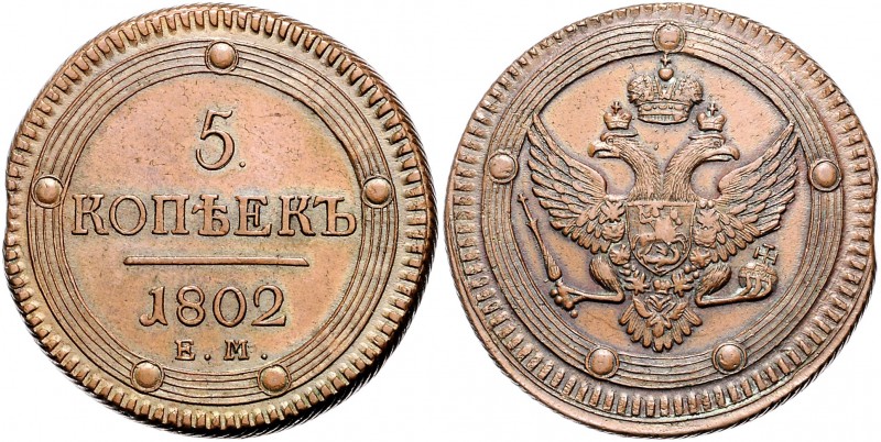 Russland. 
Alexander I. 1801-1825. 5 Kopeken 1802 EM, Kupfer, KM 115.1. Usd.&nb...