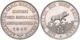 Anhalt/-Bernburg. 
Alexander Carl 1834-1863. Ausbeutetaler 1852 A. J.&nbsp;66, AKS&nbsp;16, Kahnt&nbsp;4. . 

ss-vz
