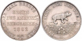 Anhalt/-Bernburg. 
Alexander Carl 1834-1863. Ausbeutetaler 1862 A. J.&nbsp;73, AKS&nbsp;17, Kahnt&nbsp;6. . 

ss-vz