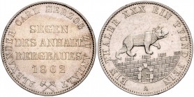 Anhalt/-Bernburg. 
Alexander Carl 1834-1863. Ausbeutetaler 1862 A. J.&nbsp;73, AKS&nbsp;17, Kahnt&nbsp;6. . 

winz. Rf., ss-vz