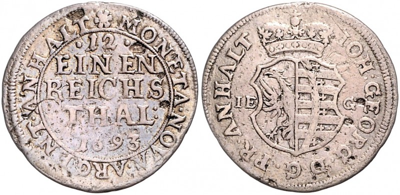 Anhalt/-Dessau. 
Johann Georg II. 1660-1693. 1/12 Taler 1693 IEG, Wappenschild ...