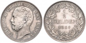 Baden. 
Friedrich I. 1852-1907. 1/2 Gulden 1869. Jaeger&nbsp;83, AKS&nbsp;128. . 

fast stempelfrisch