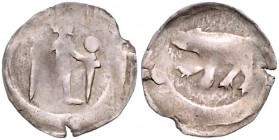 Brandenburg/-Preußen. 
Bayerische Markgrafen 1323-1373. Denar, 0,77 g, Berlin, aus der Übergangszeit zum Ewigen Pfennig, stehender Markgraf/Bär n. li...