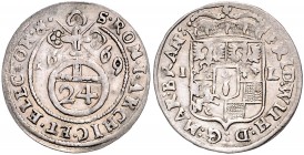 Brandenburg/-Preußen. 
Friedrich Wilhelm 1640-1688. 1/24 Taler 1668 IL (Berlin), Mzz. auf Wappenseite, Jz. auf Wertseite. v.&nbsp;Schrötter&nbsp;1100...