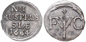 Brandenburg/-Preußen. 
Friedrich Wilhelm 1640-1688. Schilling 1664, Königsberg, Namenschiffre "FWC" mit Kurzepter, Rs. mit NUMUS. v.&nbsp;Schrötter&n...