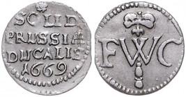 Brandenburg/-Preußen. 
Friedrich Wilhelm 1640-1688. Schilling 1669, Königsberg, Namenschiffre "FWC" mit Kurzepter. v.&nbsp;Schrötter&nbsp;1925. . 
...