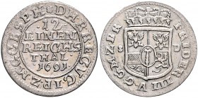 Brandenburg/-Preußen. 
Friedrich III. 1688-1701. 1/12 Taler 1691 SD (Stargard), Mzz. auf Wappenseite, Jz. auf Wertseite. Bahrf.&nbsp;III/&nbsp;516. Ü...