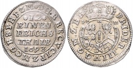 Brandenburg/-Preußen. 
Friedrich III. 1688-1701. 1/12 Taler 1693 PH (Minden), Mzz. auf Wappenseite, Jz. auf Wertseite. Bahrf.&nbsp;III/&nbsp;586. . ...