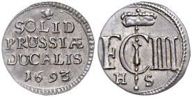 Brandenburg/-Preußen. 
Friedrich III. 1688-1701. Schilling 1693 HS (Königsberg), Namenschiffre "FCIII", darunter Mzz./Wert u. Jz. Bahrf.&nbsp;III/&nb...
