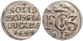 Brandenburg/-Preußen. 
Friedrich III. 1688-1701. Schilling 1699 SD (Königsberg), Namenschiffre "FC3", darunter Mzz./Wert u. Jz. Bahrf.&nbsp;III/&nbsp...