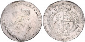 Brandenburg/-Preußen. 
Friedrich II. 1740-1786. 8 Groschen 1753 EC, mit getilgtem Stern am Anfang der Av.-Legende u. "AVGVST US" statt "AVGVST VS" (S...